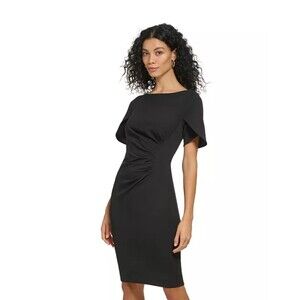 NWT DKNY Women's Black Tulip-Sleeve Side-Ruched Sheath Dress LBD Office, 12